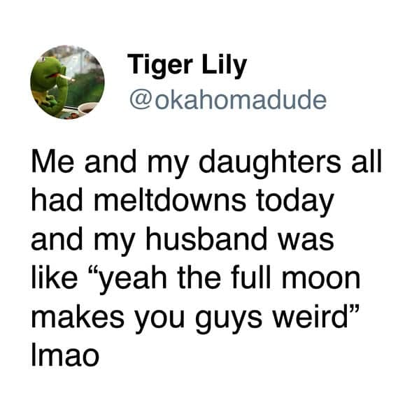 A funny dating meme where a husband hilariously blames his wife and daughters having simultaneous emotional meltdowns on the full moon making them act weird.