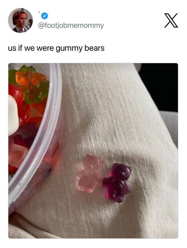 A sweet relationship meme featuring two small fruit gummy bears seemingly holding hands on a pant leg perfectly representing a cute, wholesome couple dynamic.