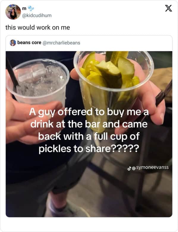 An amazing dating meme showing a guy at a bar successfully flirting by bringing a girl a giant plastic cup filled entirely with dill pickles instead of a standard cocktail.