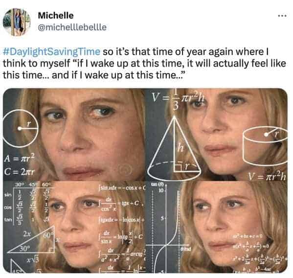 classic daylight savings meme using the confused math lady template to perfectly capture the intense mental gymnastics required to calculate if waking up at seven will actually feel like waking up at six.