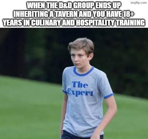 A funny d&d meme showing a smug kid in a "The Expert" shirt, perfectly capturing the moment a player with actual culinary training takes over when the party inherits a local tavern in this dnd meme.