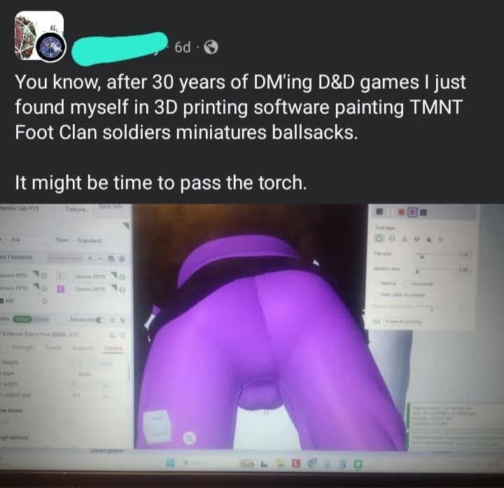 unhinged d&d meme highlighting a DM's sheer exhaustion after thirty years, posting a screenshot of themselves digitally painting the anatomy on a 3D-printed miniature, a truly chaotic dnd meme.