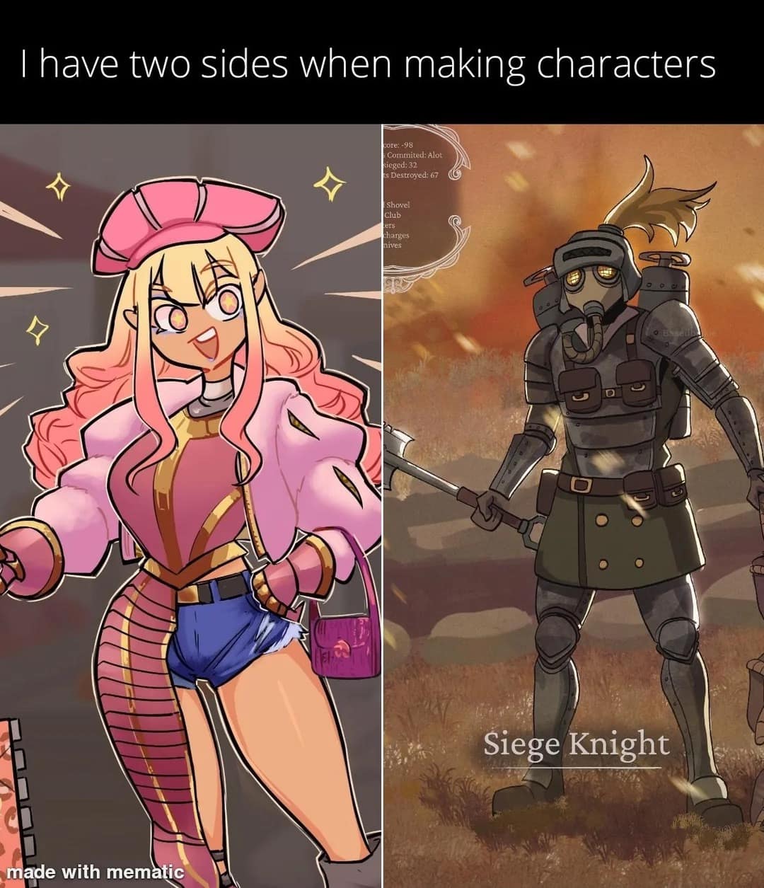 A highly accurate d&d meme illustrating the absolute whiplash of character creation, contrasting a cute, bubbly pink magical girl with a gritty, heavily armored Siege Knight in this relatable dnd meme.