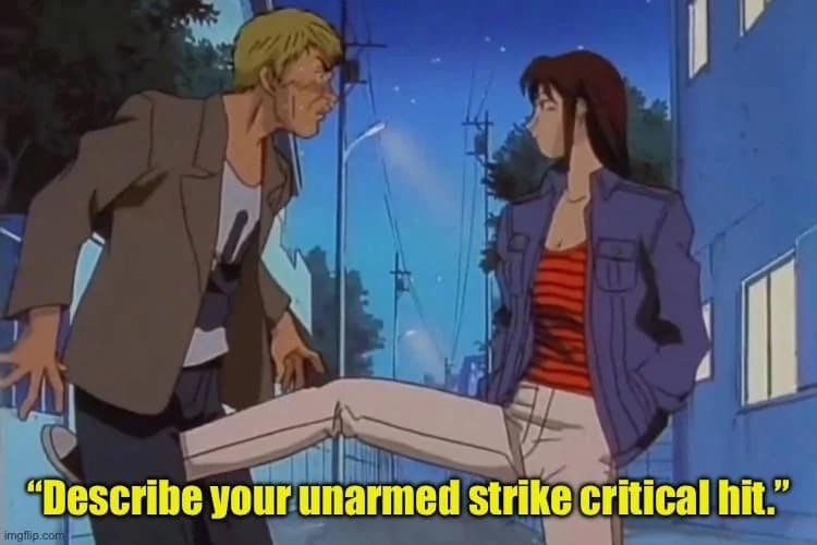 A funny d&d meme using a retro anime screenshot of a brutal low blow to visually answer the DM's classic prompt to describe your unarmed strike critical hit, adding great flavor to this dnd meme.