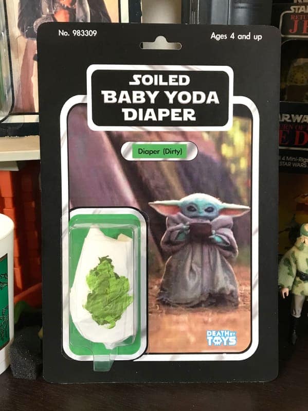 A gross-out death by toys collectible titled "SOILED BABY YODA DIAPER." The packaging features the popular Star Wars character and contains a single "Dirty Diaper" consisting of a white cloth smeared with a bright green substance.