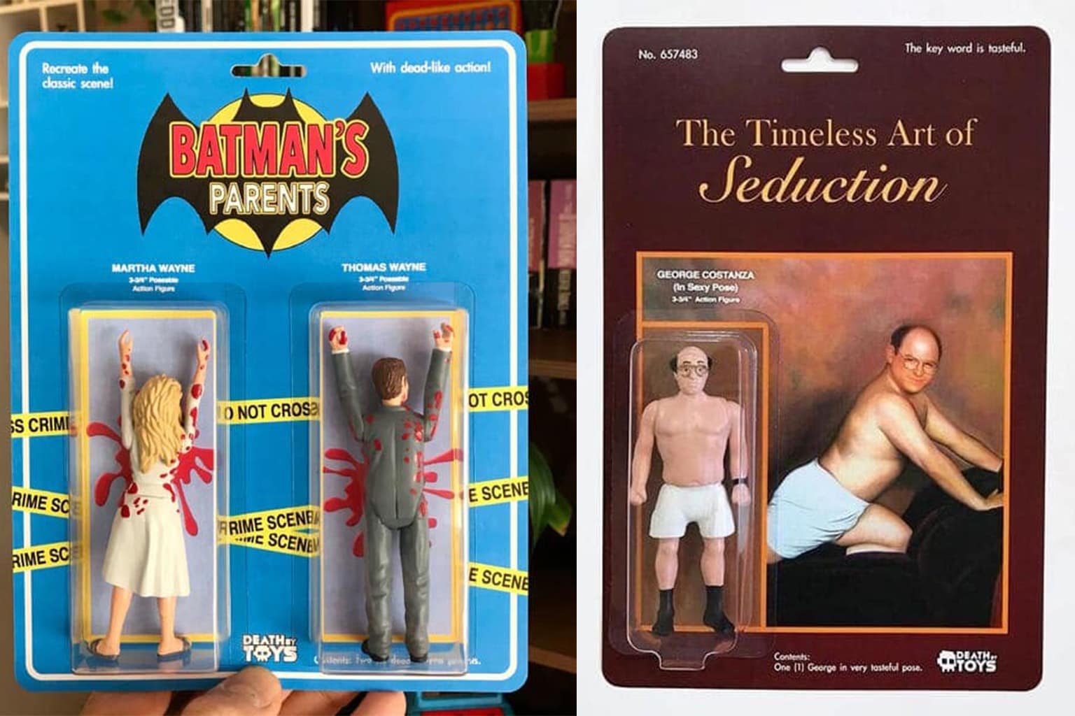 death by toys compilation: A dump of parody action figures including a distraught man wearing only a towel labeled as a "crying in the shower" action figure, a "Male Ego" figure consisting entirely of shattered clear plastic shards, and the "Deadbeat Dad" packaging which is intentionally empty of any figure.