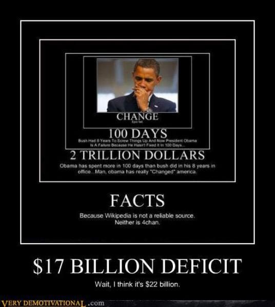 A meta demotivational poster using a "Droste effect" of nested black frames to criticize political spending and the national debt. The titles descend from "Change" to "Facts" to "$17 BILLION DEFICIT," ending with the dry correction: "Wait, I think it's $22 billion."