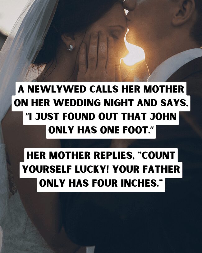 A wedding couple in a soft glow with a punchline about a father's size.