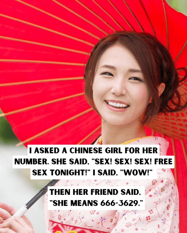 A smiling woman with a red umbrella and a joke about a misinterpreted phone number.