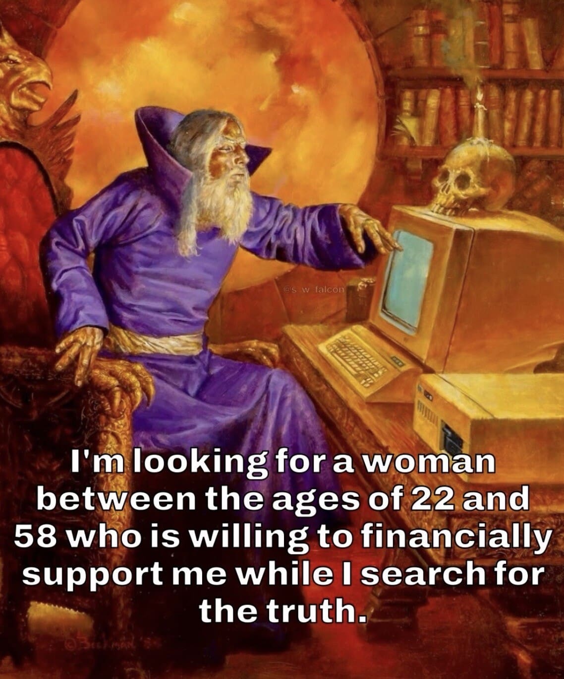 Featuring a classical wizard in purple robes using a retro 90s computer, this dnd meme serves as a fictional "personal ad" looking for a woman to financially support him while he "searches for the truth."