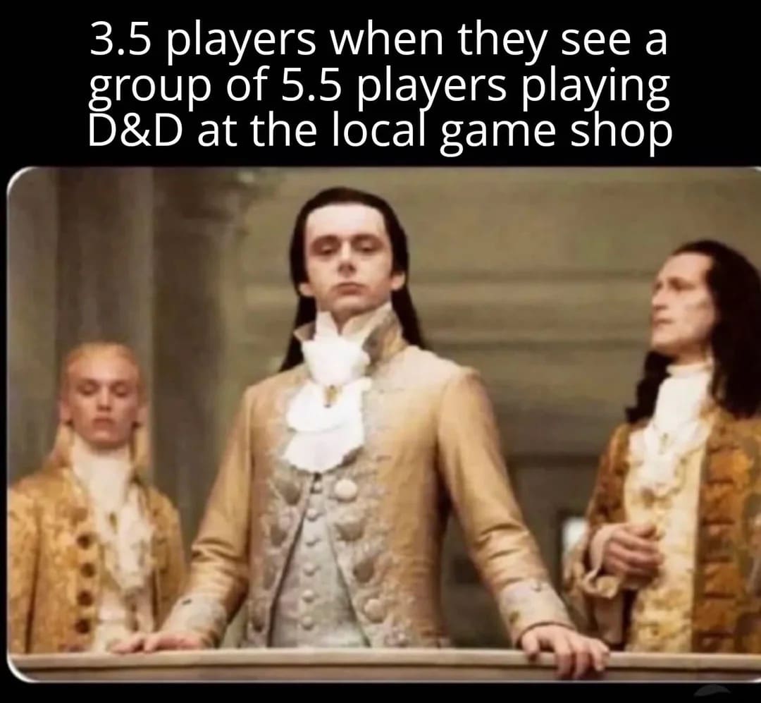 In this d&d meme, the judgmental Volturi from Twilight represent the elitist "3.5 edition players" looking down from a balcony as they spot a group of players enjoying the new "5.5 edition" at a game shop.