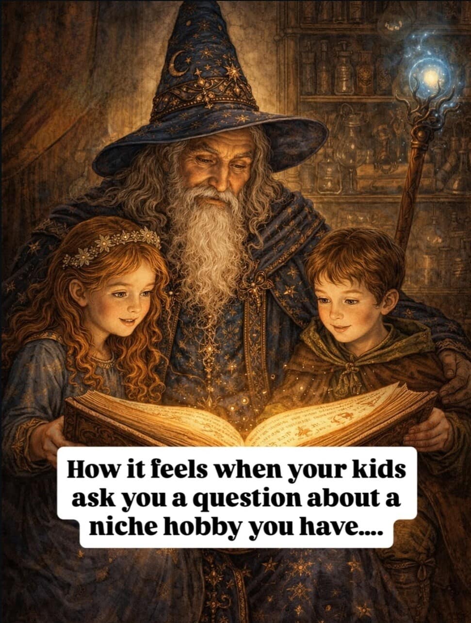 sentimental d&d meme using fantasy art of a classic wizard reading a glowing tome to two wide-eyed children. The text compares this scene to the feeling of a parent finally getting to explain their "niche hobby" to their kids.