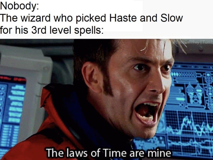 A high-energy dnd meme featuring David Tennant as The Doctor shouting "The laws of Time are mine," representing the ego trip of a Wizard who just added both Haste and Slow to their spellbook.
