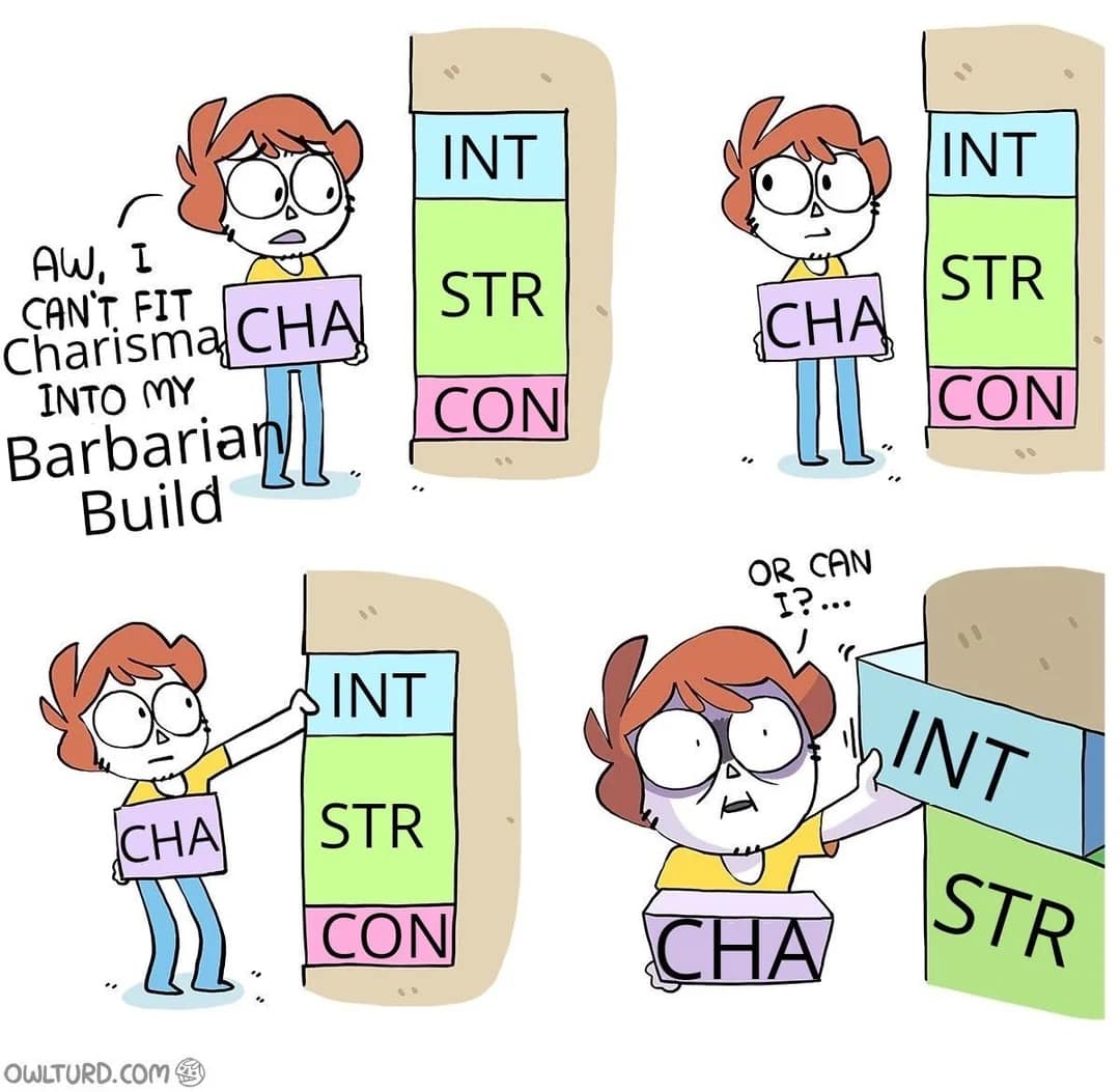 character-building d&d meme comic strip. A player is sad they can't fit a "CHA" (Charisma) block into their Barbarian build; they eventually decide to forcefully remove the "INT" (Intelligence) block to make room, perfectly capturing the "dumb but charming" archetype