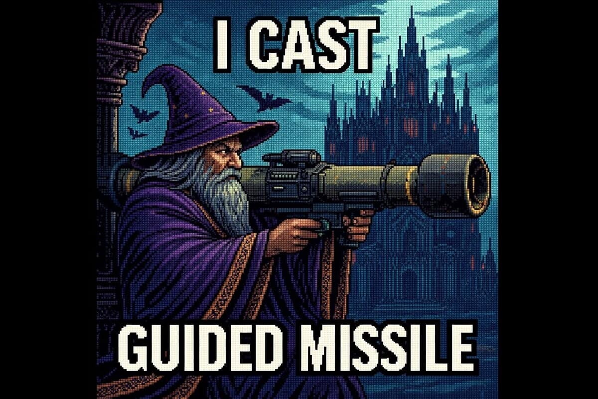 A high-energy dnd meme featuring a pixel-art style wizard in purple robes wielding a massive, high-tech shoulder-mounted rocket launcher. The bold caption reads, "I CAST GUIDED MISSILE," providing a literal and explosive take on the iconic homing spell.