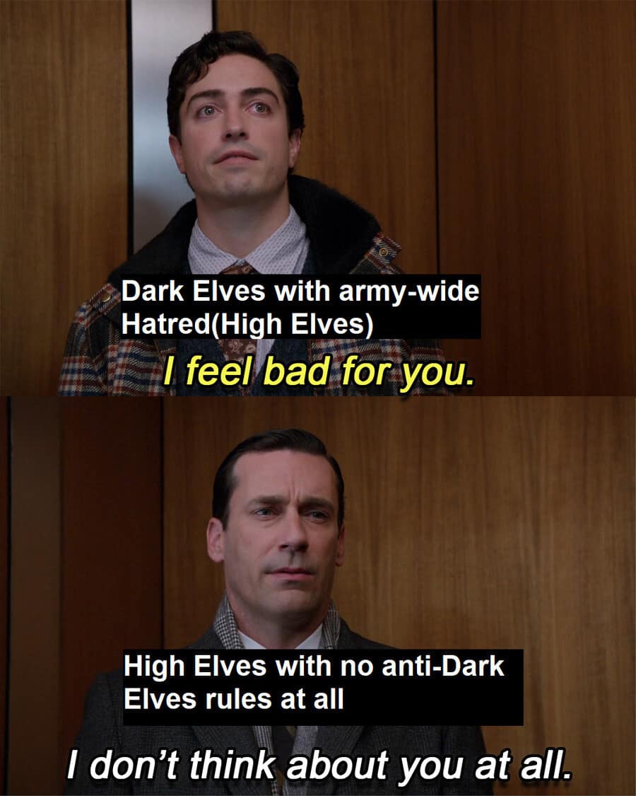 d&d meme utilizing the Mad Men elevator template. It depicts the mechanical one-sidedness of fantasy rivalries, showing Dark Elves obsessing over their "army-wide hatred" of High Elves, while the High Elves respond with a cold, "I don't think about you at all" due to having no specific anti-Dark Elf rules.
