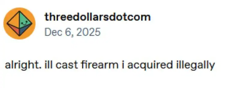 A short and chaotic d&d meme post from a user stating: "alright. ill cast firearm i acquired illegally," suggesting a very modern, non-magical solution to a high-fantasy problem.