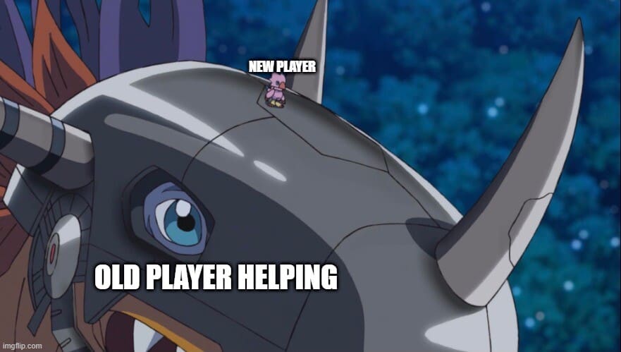 dnd meme using Digimon characters where a massive, armored MetalGreymon labeled "OLD PLAYER HELPING" carries a tiny, fragile Biyomon labeled "NEW PLAYER" on his head.