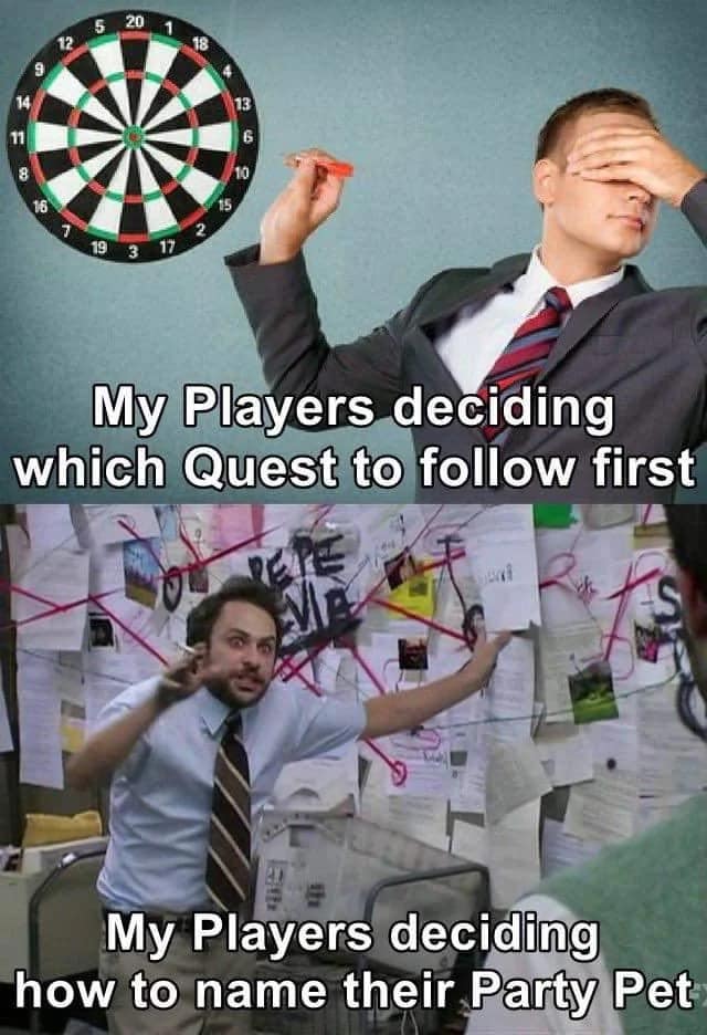 two-panel dnd meme contrasting player priorities. The top shows a blindfolded man throwing darts to decide on a quest, while the bottom uses the Charlie Kelly conspiracy board to show the same players over-analyzing exactly what to name the new party pet.