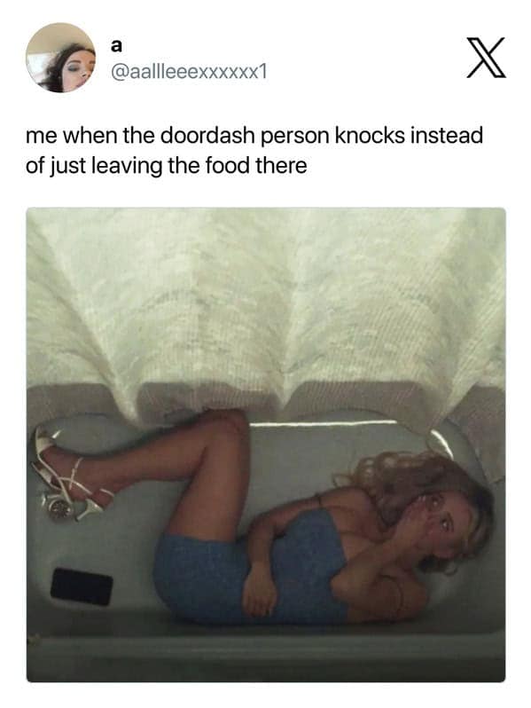 anxious doordash meme showing a woman in a dress hiding inside a bathtub behind a shower curtain to represent the panic felt when a delivery person knocks instead of just leaving the food.