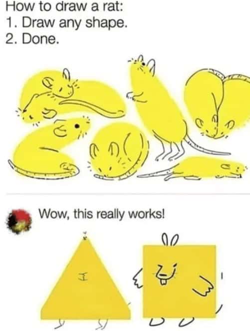 Drawing tutorial showing how to turn any simple yellow shape into a cartoon rat.