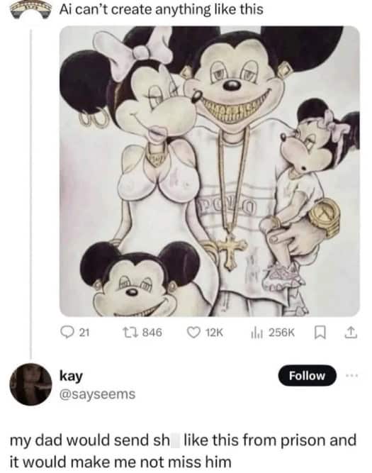 Viral tweet mocking a "thug" Mickey Mouse family drawing as something sent from prison.