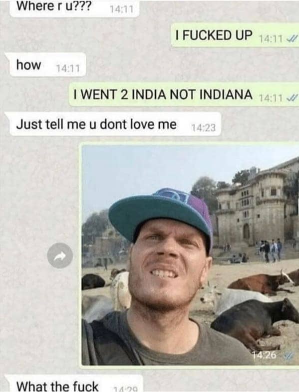 Chat log where a man claims he accidentally traveled to India instead of Indiana.