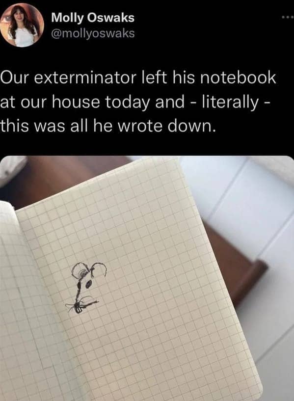 Graph paper notebook featuring a single, simple doodle of a mouse left by an exterminator.