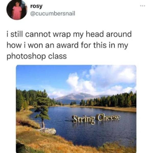 Photoshop project showing the words String Cheese floating in 3D gold letters over a lake.