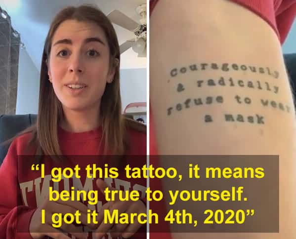 Woman showing an arm tattoo about refusing masks that aged poorly after March 2020.