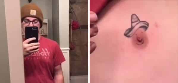 Man showing a tattoo that turns his nipple into a face wearing a sombrero.