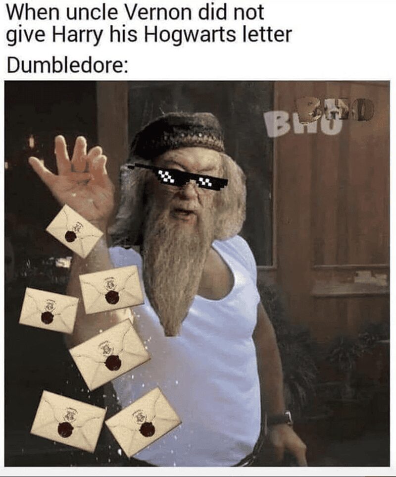A high-energy dumbledore meme using the Salt Bae template. Albus Dumbledore is photoshopped with pixelated "Deal With It" sunglasses and a white t-shirt, flamboyantly "salting" a cascade of Hogwarts acceptance letters into the air. The caption reads: "When uncle Vernon did not give Harry his Hogwarts letter Dumbledore:".