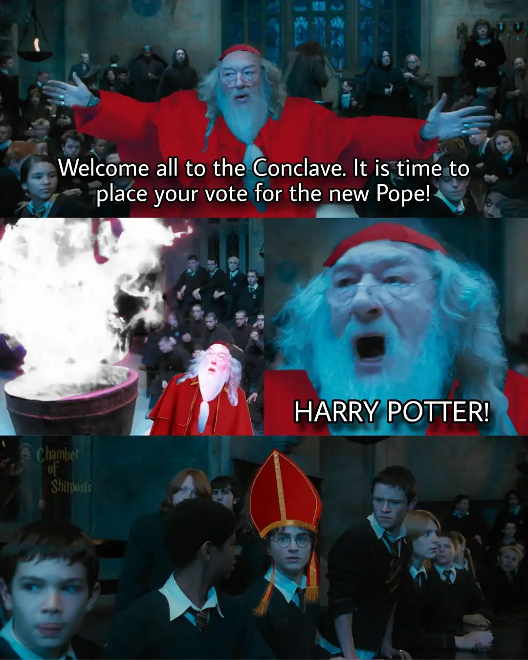 A chaotic dumbledore meme crossover with the Vatican. In a three-panel edit, Dumbledore is dressed as a Cardinal in the Great Hall, yelling "HARRY POTTER!" after a burst of smoke from a goblet. The final panel shows Harry looking confused while wearing a red and gold Papal tiara.