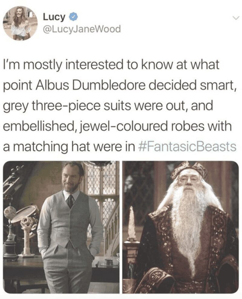 An observational dumbledore meme featuring a tweet from @LucyJaneWood. It contrasts a young Dumbledore (Jude Law) in a sharp grey three-piece suit with the older version in jewel-toned robes and a matching hat, asking at what point he decided to completely change his aesthetic.
