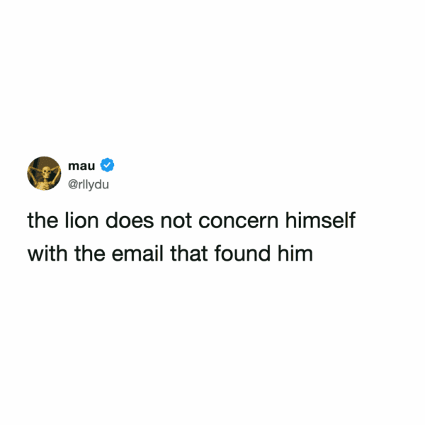 A work email meme featuring a tweet from @rllydu that gives a regal twist to corporate boundaries. The text reads: "the lion does not concern himself with the email that found him." email memes-1-20260330.jpg