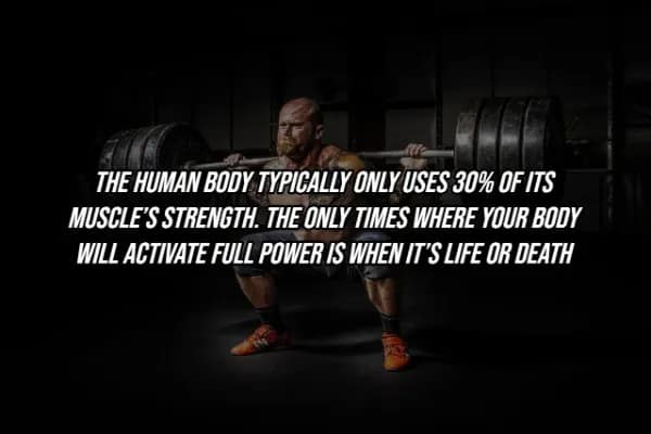 A powerlifter performing a heavy squat, accompanied by a facts about the human body warning that the brain usually caps muscle usage at 30% to prevent self-injury, saving "full power" for survival situations.