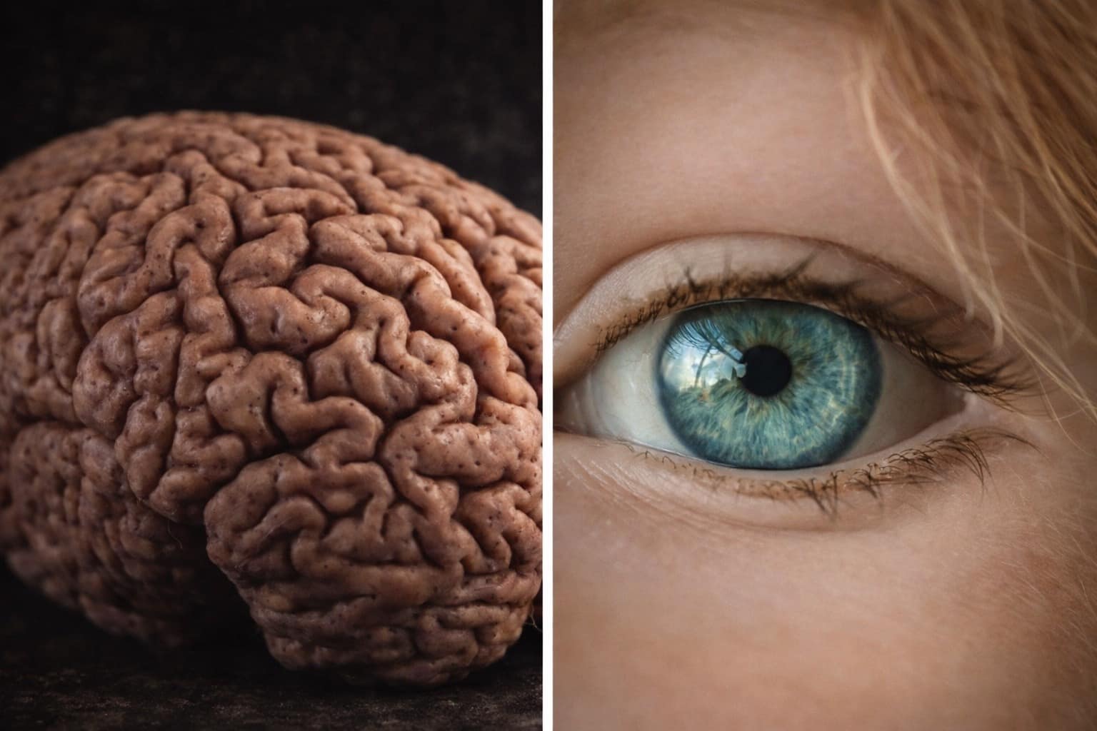 facts about the human body compilation: A collage featuring a detailed anatomical human brain, a striking blue eyeball highlighting fast healing, and a powerlifter representing the body's hidden survival strength.