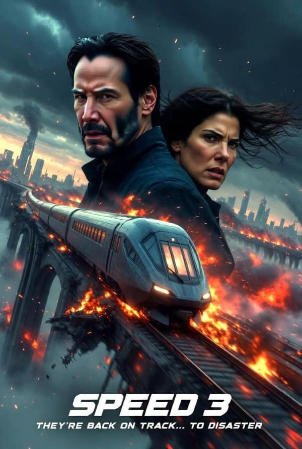 n AI-generated funny fake movie poster for a fictional "SPEED 3." It features Keanu Reeves and Sandra Bullock looking intensely worried in the foreground, while a high-speed bullet train roars across a crumbling, flaming bridge in the background. The tagline reads: "THEY'RE BACK ON TRACK... TO DISASTER."