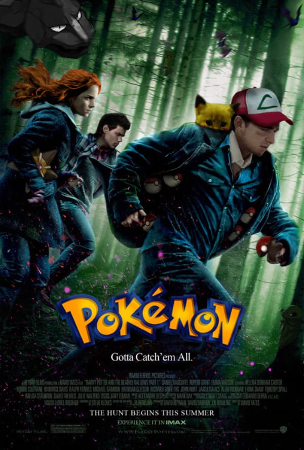 live-action funny fake movie poster for "POKÉMON" that uses the cast of Harry Potter. Daniel Radcliffe is dressed as a realistic Ash Ketchum with a grimy Pikachu on his shoulder, while Emma Watson and Rupert Grint run through a dark forest behind him. The tagline reads: "THE HUNT BEGINS THIS SUMMER."