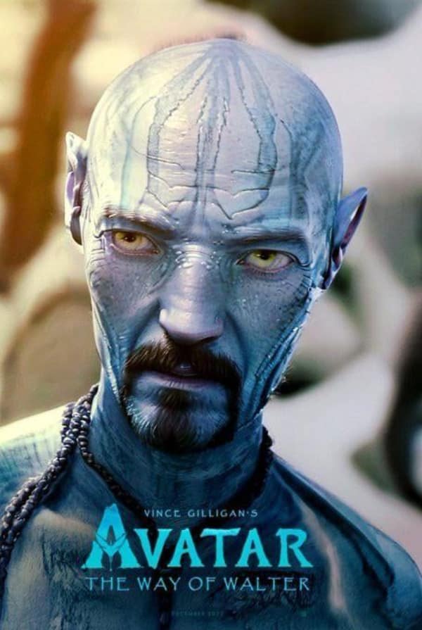 "cursed" mashup funny fake movie poster titled "AVATAR: THE WAY OF WALTER." It features a hyper-realistic close-up of Bryan Cranston as Walter White from Breaking Bad, but his skin is glowing blue and bioluminescent, his ears are pointed, and he has the facial markings of a Na'vi from Pandora.