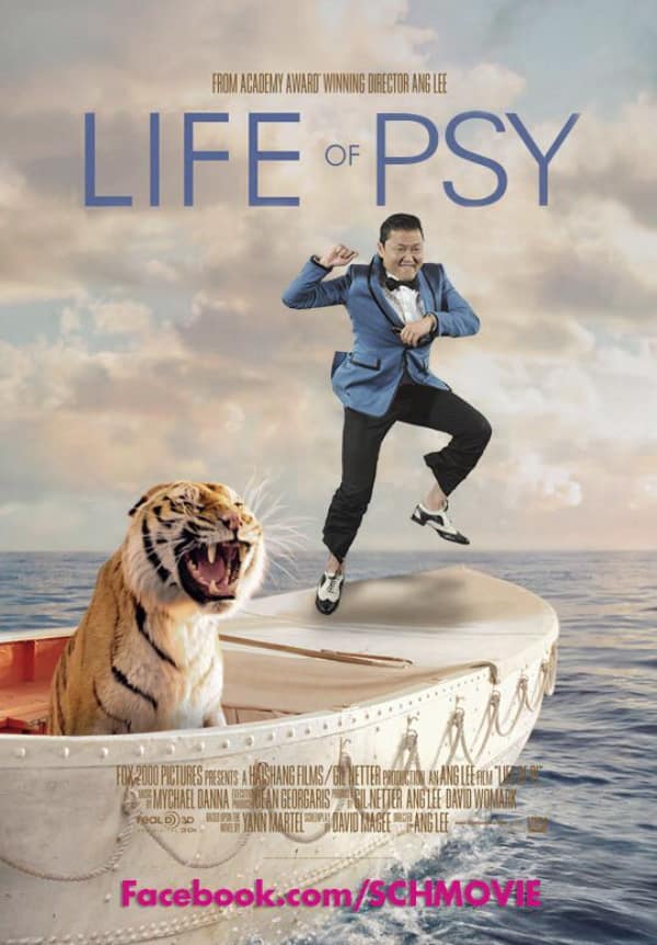 funny fake movie poster titled "LIFE OF PSY," parodying Life of Pi. Instead of a young boy, the South Korean singer Psy is seen mid-Gangnam Style dance move, leaping over a lifeboat in the middle of the ocean while a Bengal tiger roars at him.
