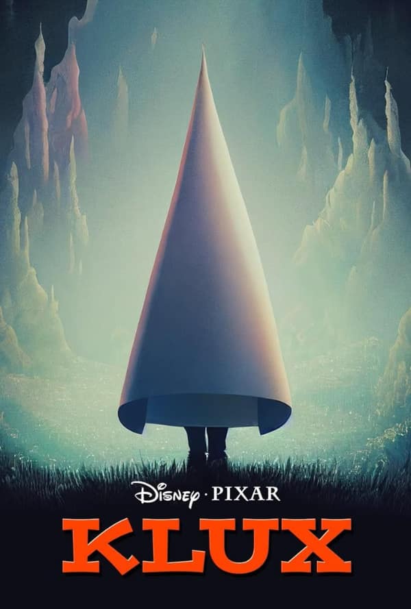 funny fake movie poster with the Disney Pixar logo titled "KLUX." In a misty, painterly landscape, a small figure stands in a field of grass. Their entire upper body is obscured by a massive, pointed white cone, creating an unmistakable and shocking resemblance to a KKK hood.