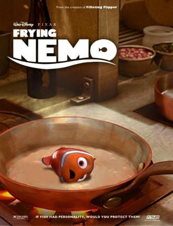 A dark humor funny fake movie poster titled "FRYING NEMO." Looking like a PETA-style advertisement, the image shows the cartoon fish Nemo lying in a copper frying pan filled with sizzling butter on a stovetop. The tagline at the bottom asks: "IF FISH HAD PERSONALITY, WOULD YOU PROTECT THEM?"