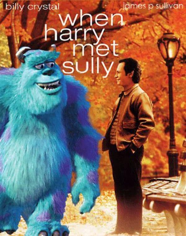 A romantic comedy crossover funny fake movie poster titled "When Harry Met Sully." Using the iconic autumn park setting from the 1989 original, the poster shows Billy Crystal gazing into the eyes of a giant, furry James P. Sullivan from Monsters, Inc.