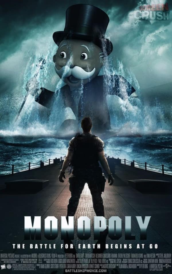 disaster-style funny fake movie poster titled "Monopoly." Borrowing the aesthetic of the movie Battleship, it shows a lone soldier on a dark pier facing off against a gargantuan, Kaiju-sized Monopoly Man rising menacingly out of the ocean. The tagline: "THE BATTLE FOR EARTH BEGINS AT GO."