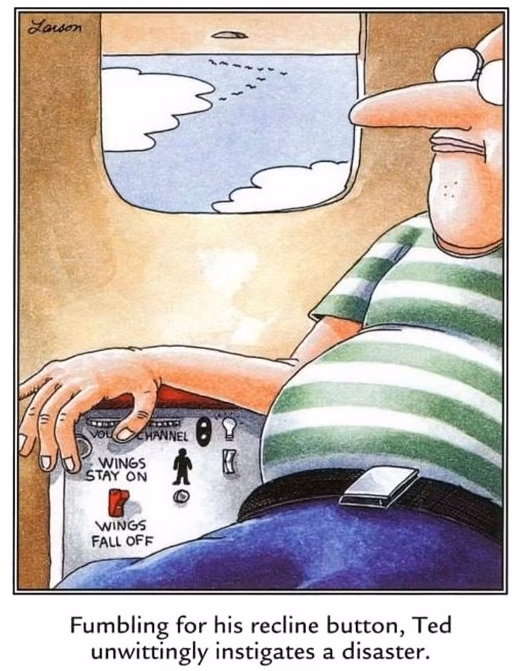 In this airborne far side comic, a man named Ted is relaxing in his airplane seat. He reaches blindly for his recline button, unaware that his hand is hovering over a red toggle switch labeled "WINGS FALL OFF" right next to "WINGS STAY ON."