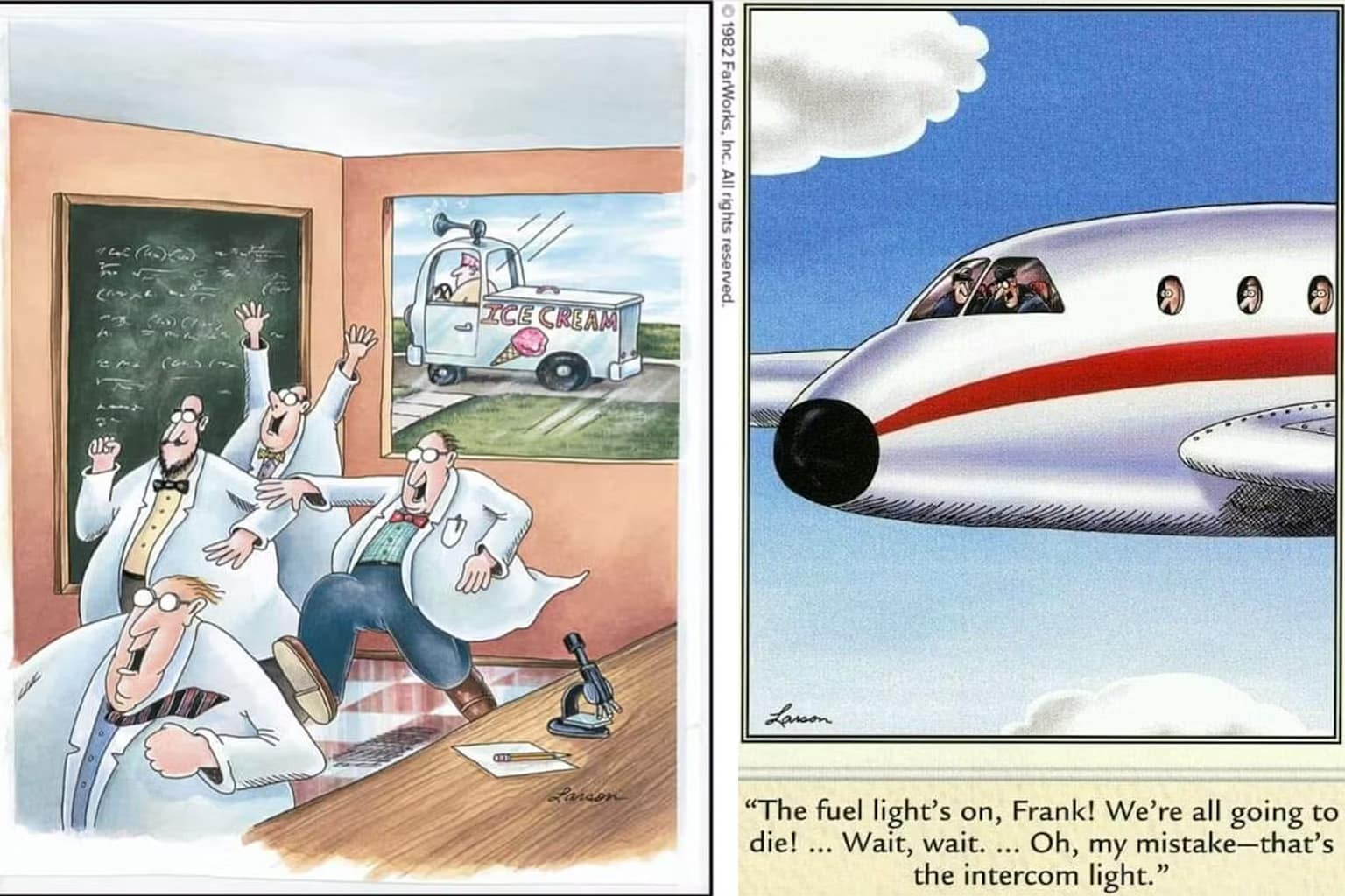 A gallery of far side comics featuring Hal the deer with a bullseye birthmark, the paranoid man suffering from Anatidaephobia, and a group of prehistoric dinosaurs casually smoking cigarettes.