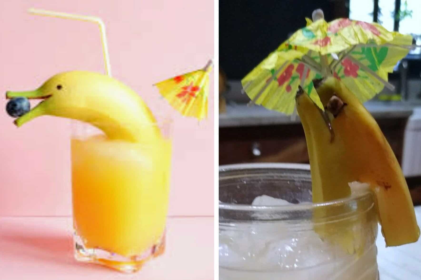 : A side-by-side comparison of a dolphin-shaped banana garnish versus a drooping, failed DIY attempt.