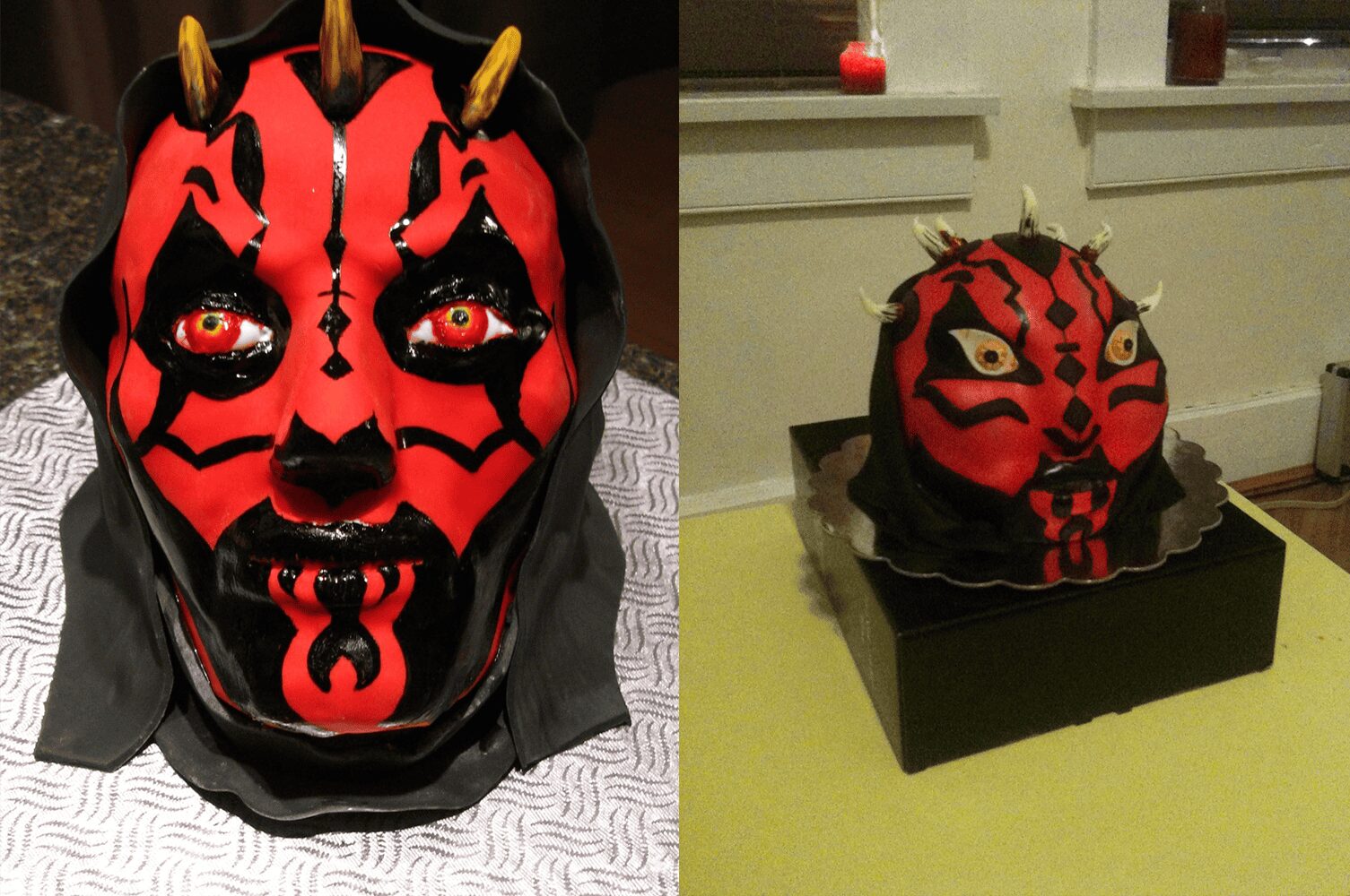 A high-quality Darth Maul character cake next to a lumpy, distorted version from a bakery.