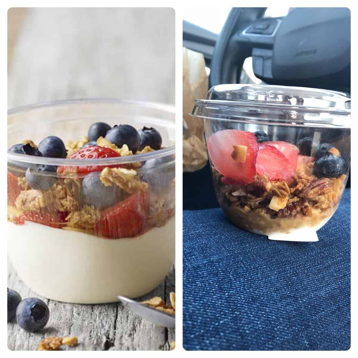 Comparison of a full yogurt parfait with fresh berries versus a half-empty plastic cup.